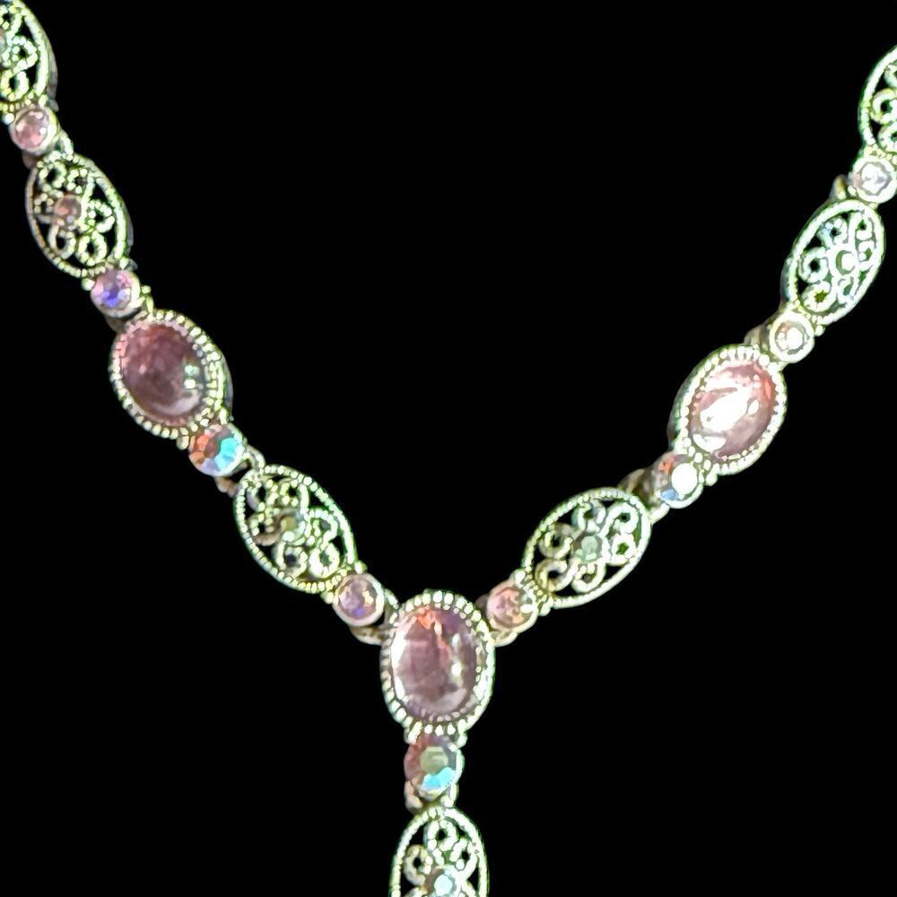 VTG Avon Silver Plate Filigree Cabochon AB Rhinstone Y Drop Lavaliere Necklace - Picture 5 of 16